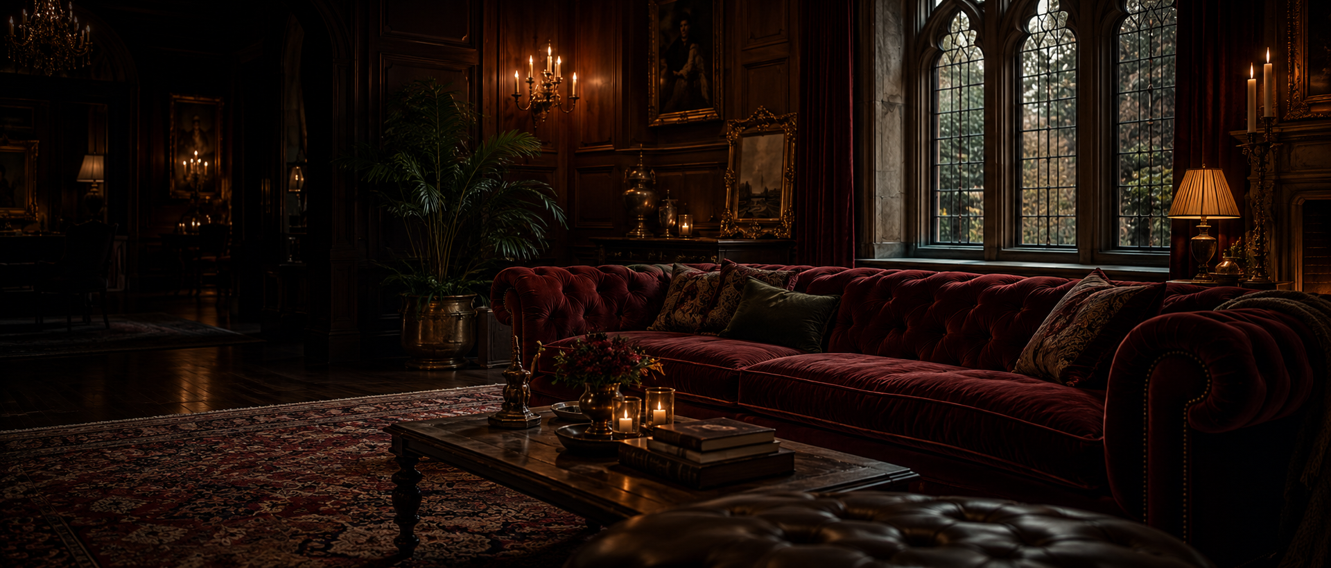 A candlelit burgundy velvet lounge with dark wood walls and an arched window